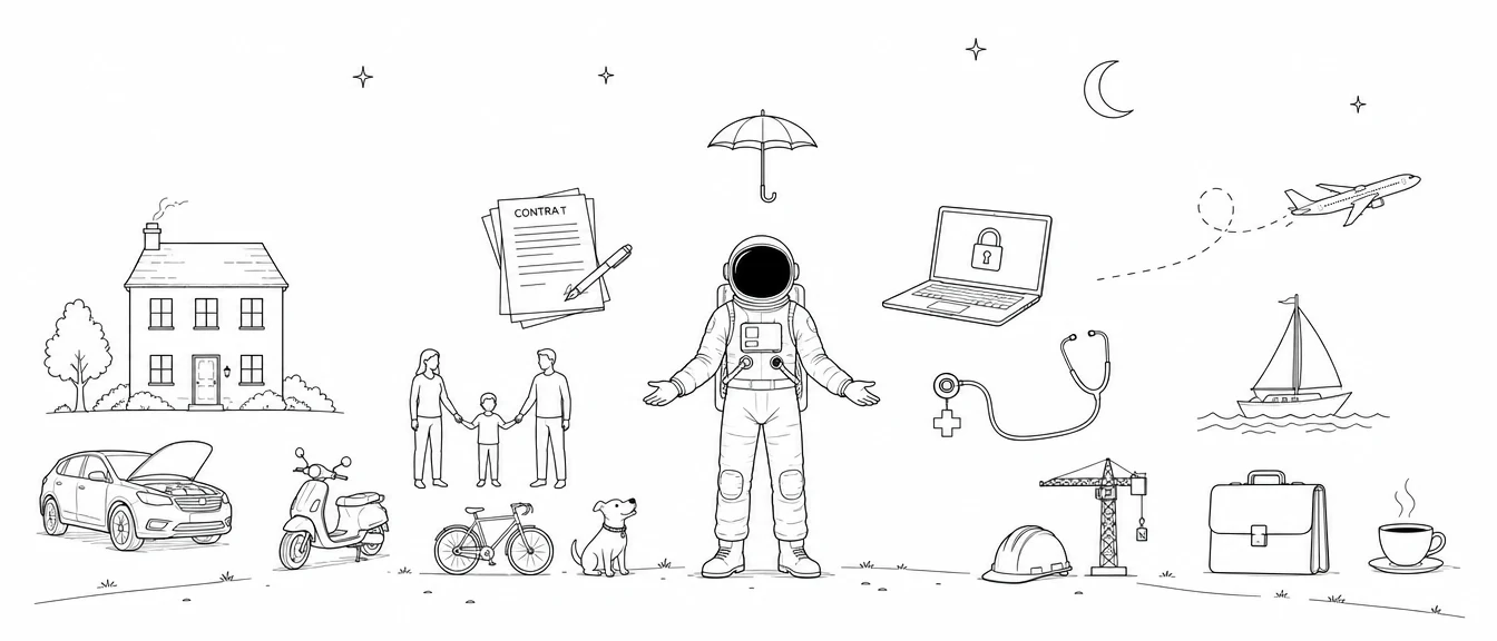 Illustration line art noir et blanc d'un cosmonaute Atmo Assurances entouré des risques couverts : maison, voiture, scooter, famille, vélo, ordinateur, contrats, voyage