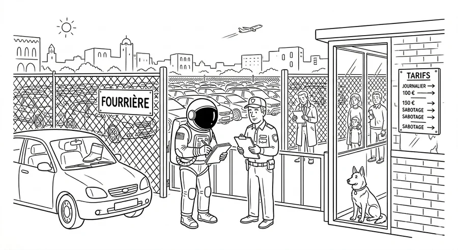 Illustration line art noir et blanc d'un cosmonaute récupérant un véhicule en fourrière, symbolisant l'assurance auto temporaire