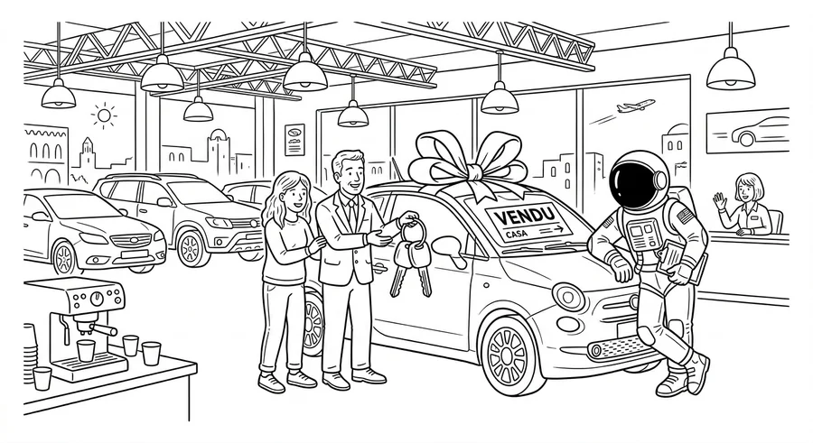 Illustration line art noir et blanc d'un cosmonaute recevant les clés d'une voiture neuve à la concession, symbolisant l'assurance auto