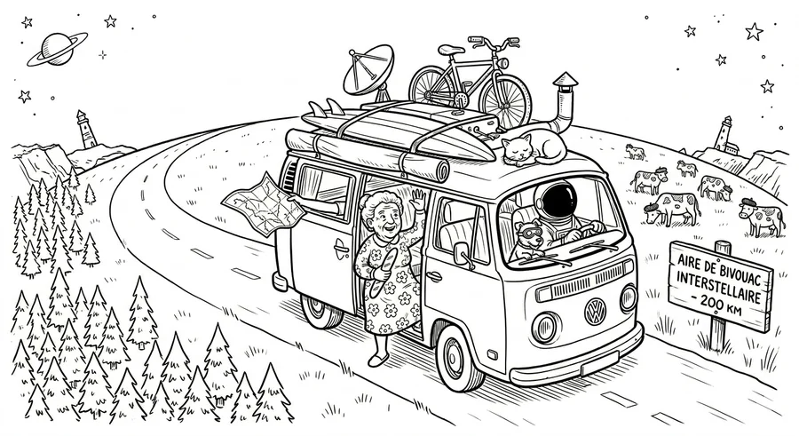 Illustration line art noir et blanc d'un cosmonaute conduisant un camping-car, symbolisant l'assurance camping-car