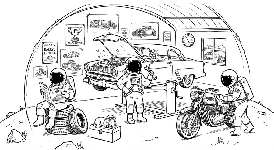 Illustration line art noir et blanc d'un cosmonaute conduisant une voiture de collection ancienne, symbolisant l'assurance véhicule de collection