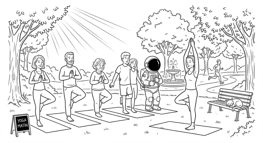 Illustration line art noir et blanc d'un cosmonaute en cours de yoga collectif au parc, symbolisant une complémentaire santé renforcée pour seniors