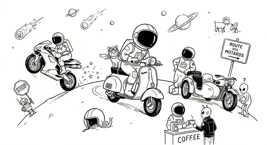 Illustration line art noir et blanc d'un cosmonaute sur un scooter avec un sidecar, symbolisant l'assurance moto et scooter pour tous les profils