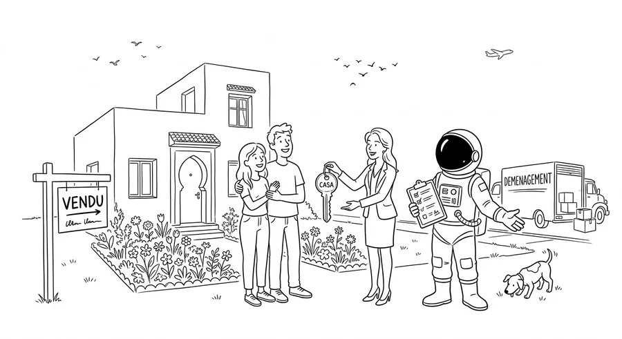 Illustration line art noir et blanc d'un cosmonaute symbolisant l'achat immobilier et l'assurance emprunteur