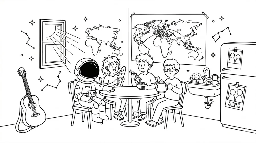 Illustration line art noir et blanc d'un cosmonaute symbolisant le départ pour des études à l'international avec un globe et une mallette