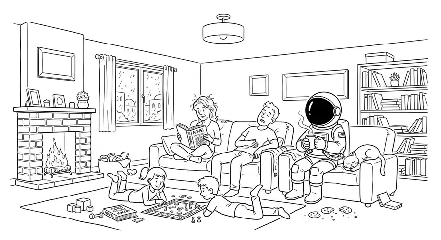 Illustration line art noir et blanc d'un cosmonaute au cocooning à la maison avec une famille, symbolisant l'assurance habitation