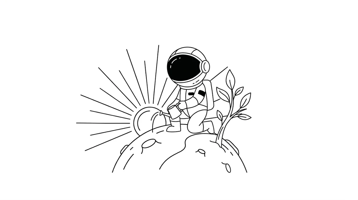 Illustration line art noir et blanc d'un cosmonaute arrosant un jeune arbre sur une petite planète, symbolisant l'épargne retraite qui croît patiemment sur le long terme