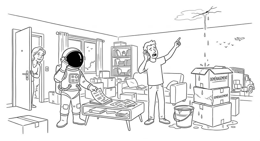 Illustration line art noir et blanc d'un cosmonaute remettant les clés à un locataire devant un appartement, symbolisant l'assurance Propriétaire Non Occupant