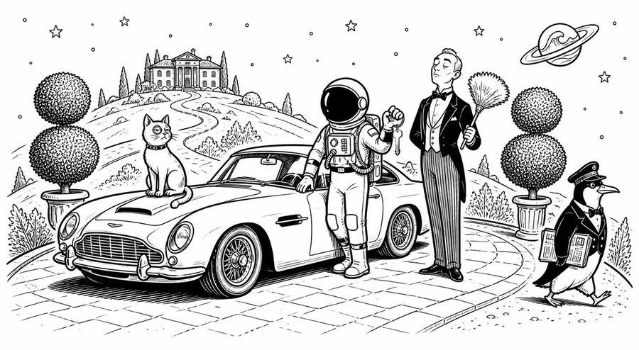 Illustration line art noir et blanc d'un cosmonaute à côté d'une voiture de prestige, symbolisant l'assurance auto de prestige