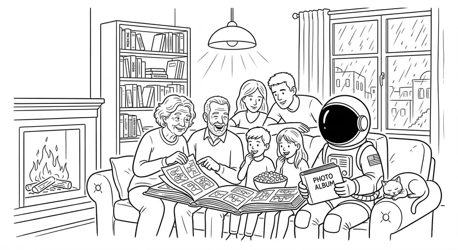 Illustration line art noir et blanc d'une famille intergénérationnelle regardant un album photo avec un cosmonaute, symbolisant la transmission et la prévoyance