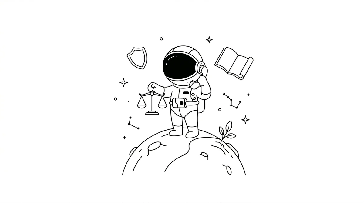 Illustration line art noir et blanc d'un cosmonaute symbolisant la protection juridique avec la balance de la justice et un téléphone pour la hotline juridique