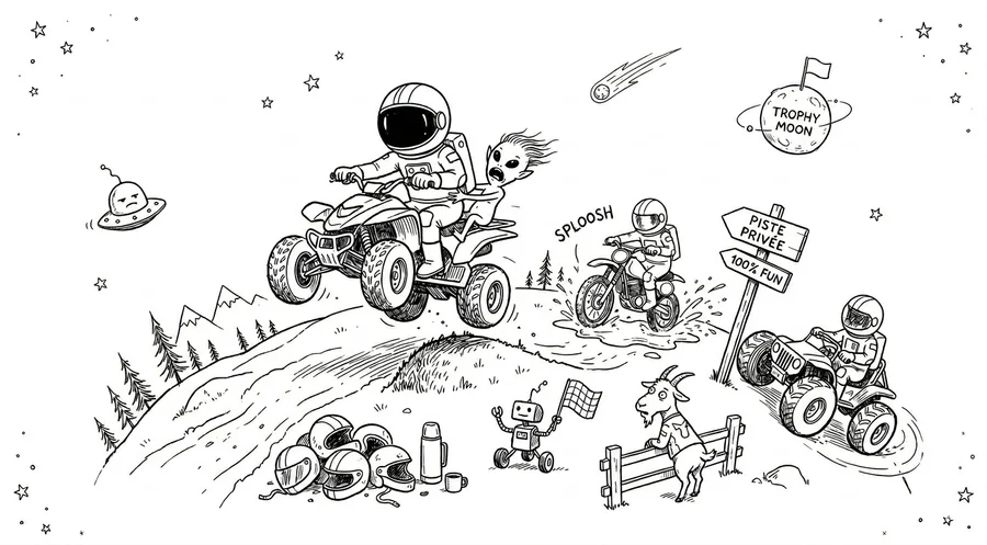 Illustration line art noir et blanc d'un cosmonaute sur un quad volant au-dessus d'une planète, symbolisant l'assurance quad et moto verte