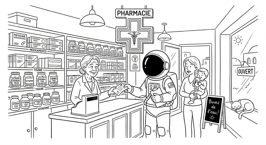 Illustration line art noir et blanc d'un cosmonaute à la pharmacie avec d'autres patients, symbolisant l'assurance santé du quotidien