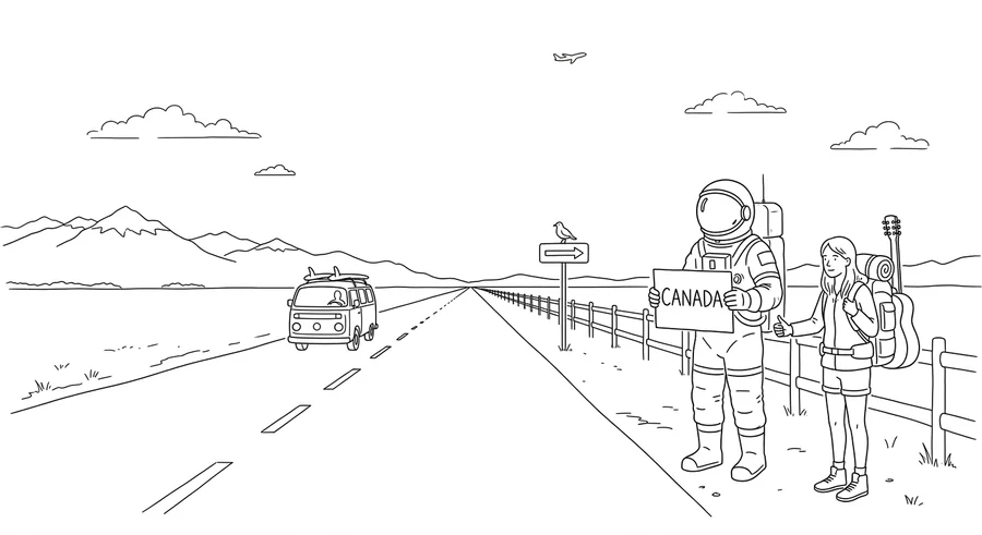 Illustration line art noir et blanc d'un cosmonaute symbolisant le départ pour un séjour court à l'étranger ou un PVT, avec valise et passeport