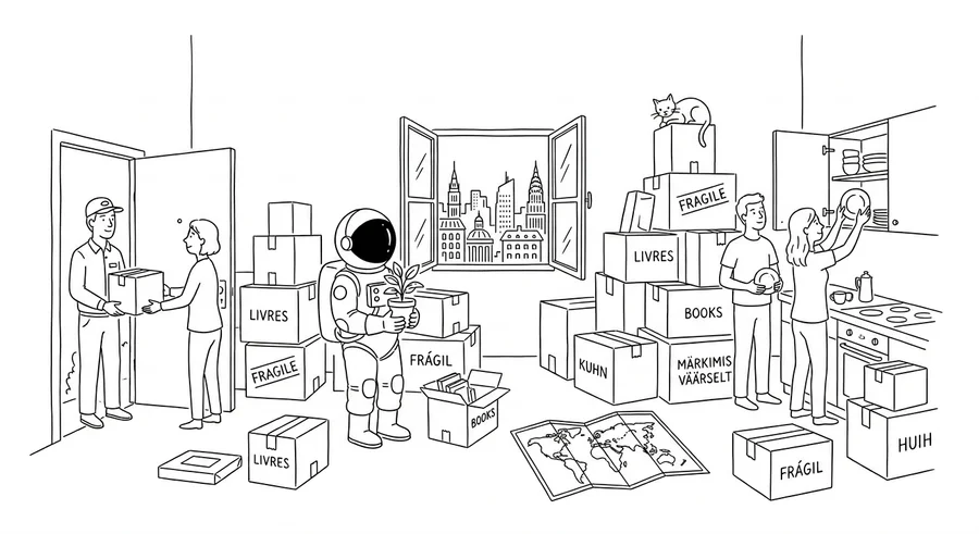 Illustration line art noir et blanc d'un cosmonaute s'installant à l'étranger lors d'une expatriation longue, avec cartons et plante