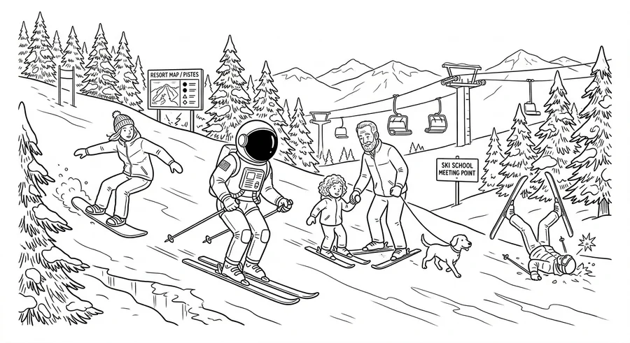 Illustration line art noir et blanc d'un cosmonaute skiant sur les pistes avec d'autres skieurs, symbolisant l'assurance sports