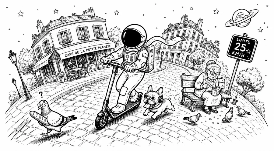 Illustration line art noir et blanc d'un cosmonaute en trottinette électrique en ville, symbolisant l'assurance trottinette
