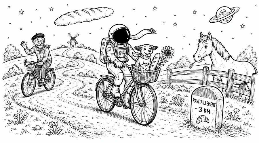 Illustration line art noir et blanc d'un cosmonaute à vélo dans la campagne, symbolisant l'assurance vélo