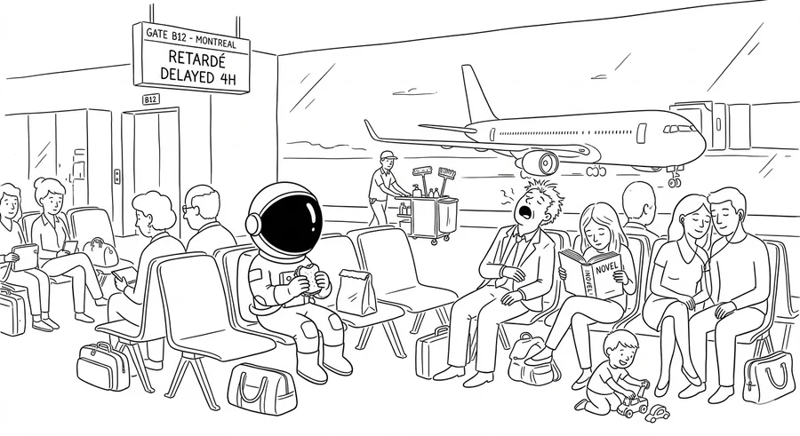 Illustration line art noir et blanc d'un cosmonaute en vacances avec d'autres voyageurs, symbolisant l'assurance voyage